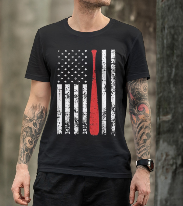 Distressed USA Flag Baseball Bat Design For American Fans T-Shirt