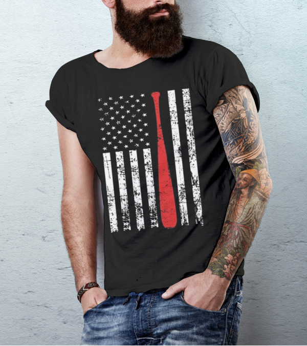 Distressed USA Flag Baseball Bat Design For American Fans T-Shirt