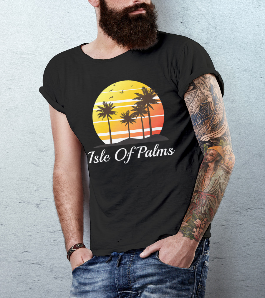 Isle Of Palms South Carolina Palm Trees Sunset Birds Vacation T-Shirt