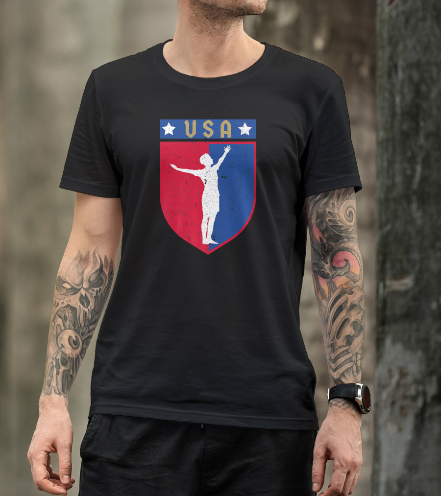 Distressed USA Red White And Blue Soccer Crest With Stars And Player T-Shirt