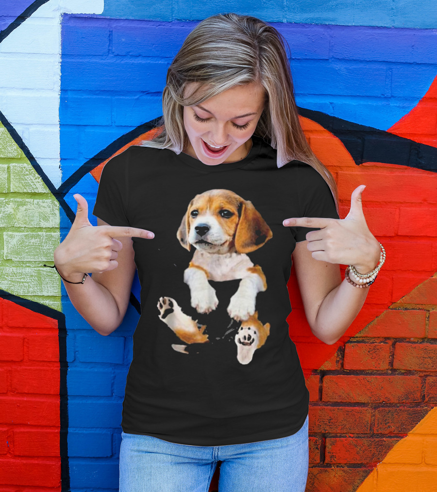 Beagle In Pocket Big Pocke Cute Puppy Print With Playful Pose And Paw Prints T-Shirt