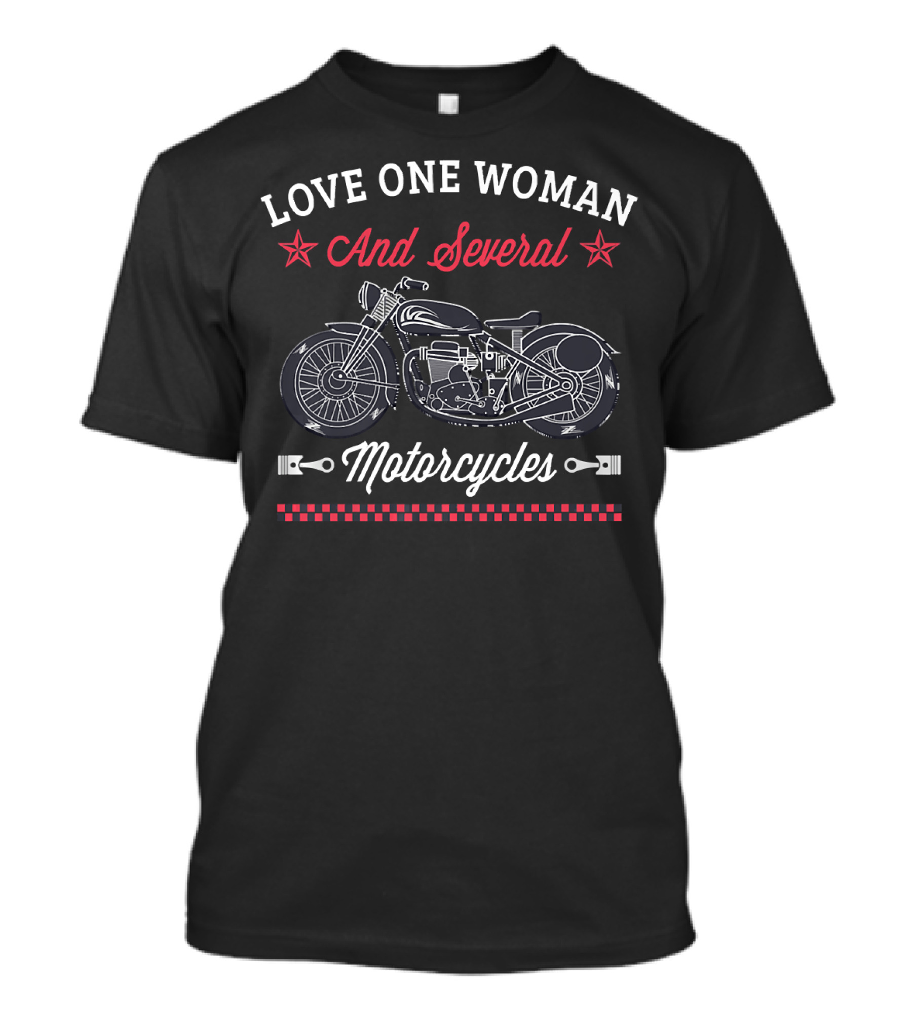 Love One Woman And Several Motorcycles Vintage Bike Graphic With Stars And Checkerboard T-Shirt