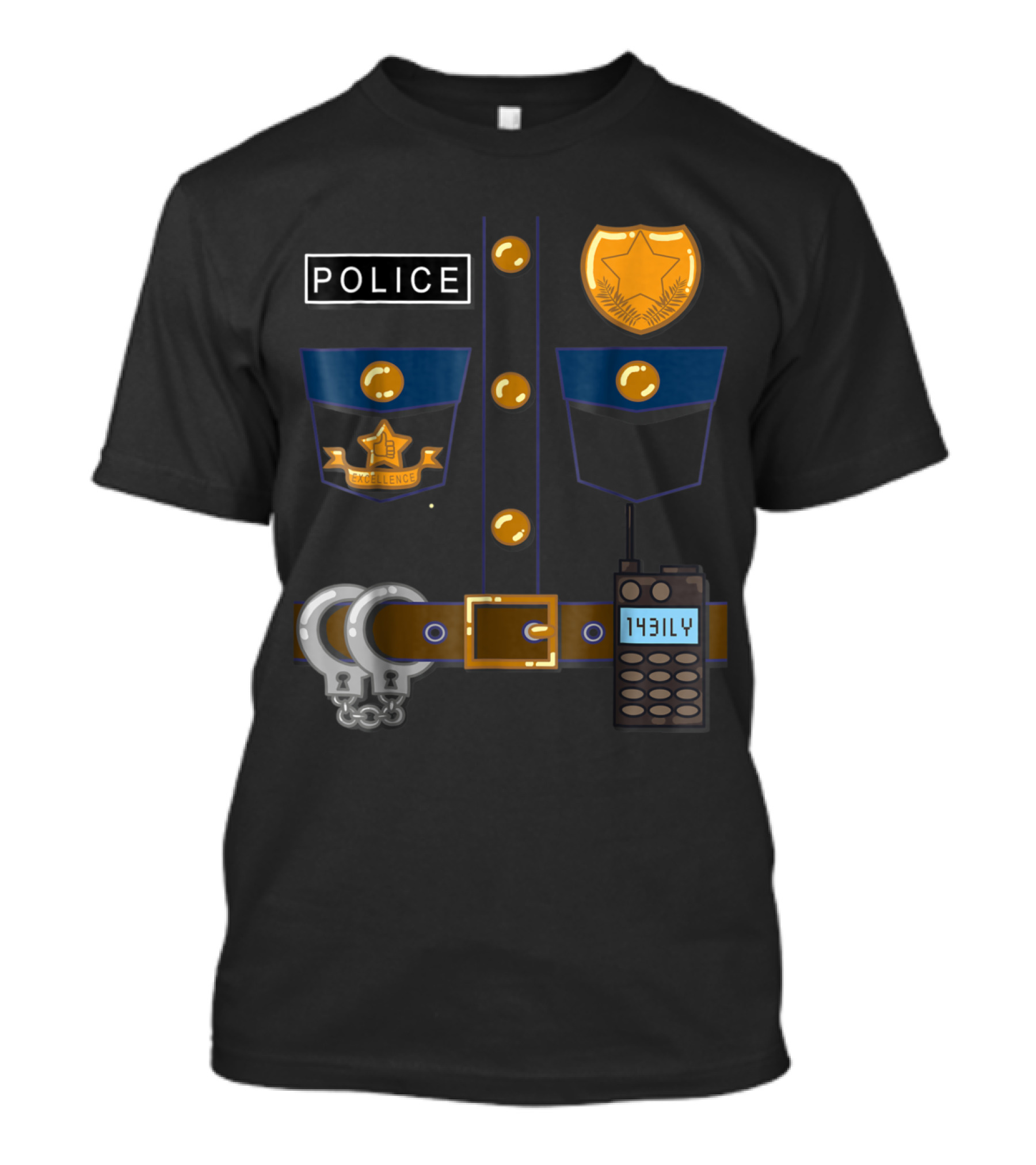 Police Badge Handcuffs Radio Emblem Excellence Text Funny Halloween Costume T-Shirt