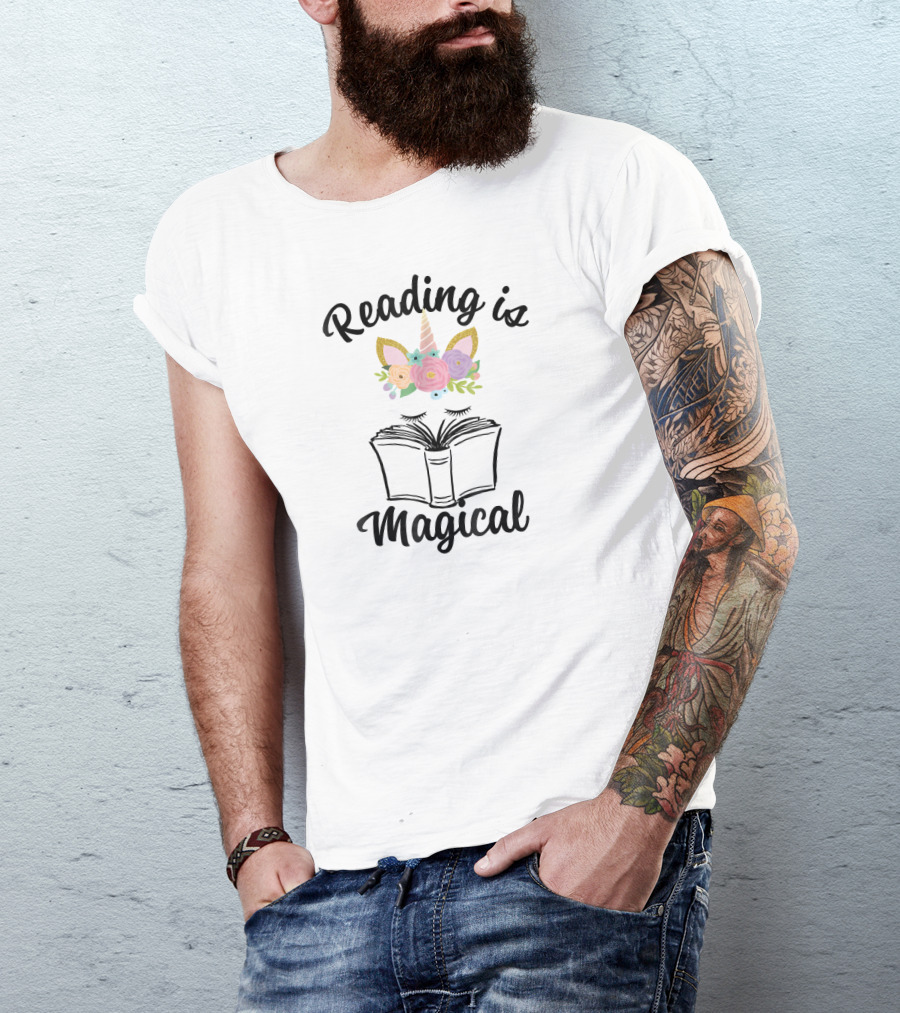 Reading Is Magical Unicorn Face With Open Book And Flowers T-Shirt