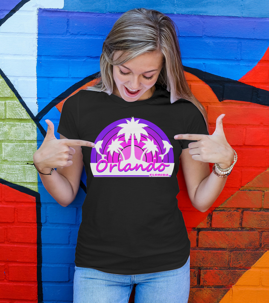 Orlando Florida Beach Palm Trees Dolphins Sunset T-Shirt