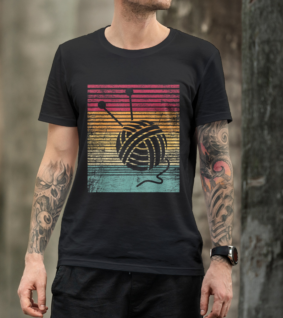 Vintage Striped Yarn Ball And Knitting Needles T-Shirt