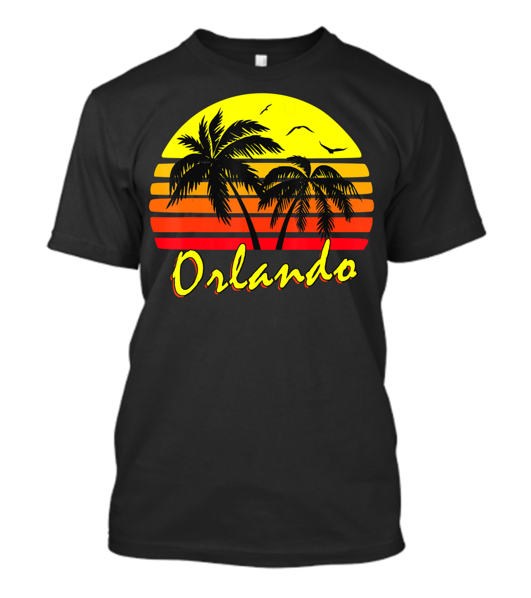Orlando Sunset Palm Trees With Birds And Vibrant Stripes T-Shirt