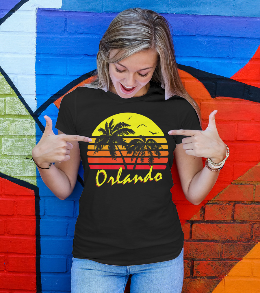 Orlando Sunset Palm Trees With Birds And Vibrant Stripes T-Shirt