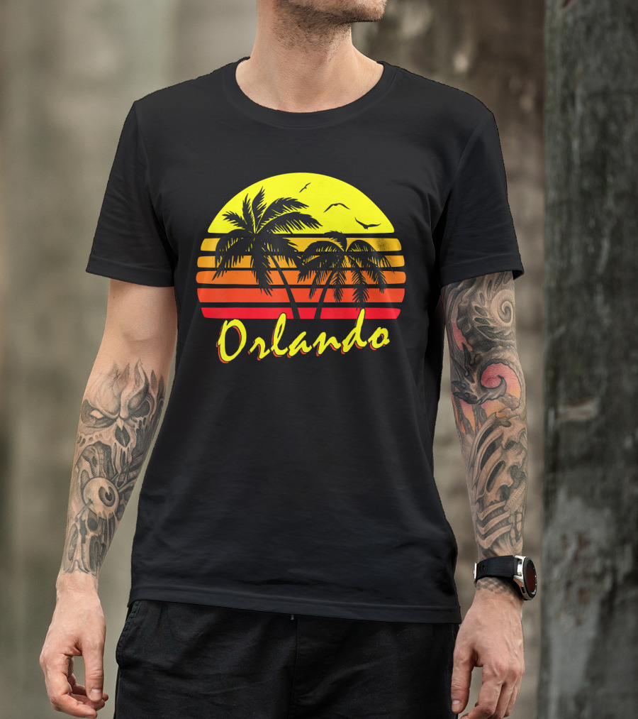 Orlando Sunset Palm Trees With Birds And Vibrant Stripes T-Shirt