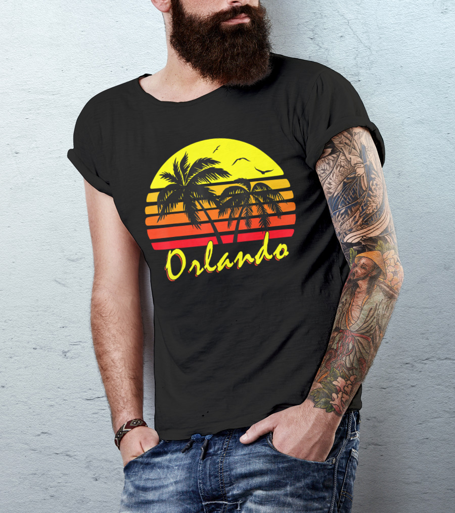 Orlando Sunset Palm Trees With Birds And Vibrant Stripes T-Shirt