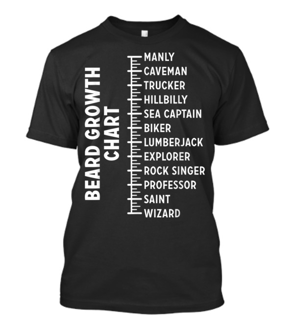 Beard Growth Chart Featuring Manly Caveman Trucker Hillbilly Sea Captain Biker Lumberjack Explorer Rock Singer Professor Saint Wizard T-Shirt