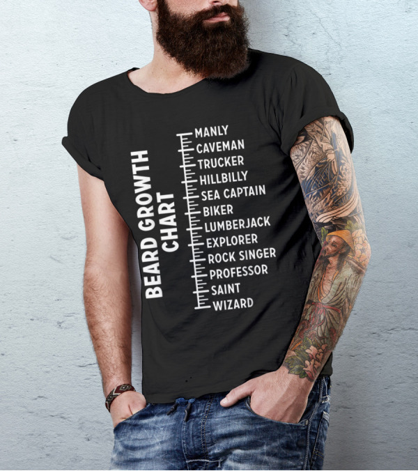Beard Growth Chart Featuring Manly Caveman Trucker Hillbilly Sea Captain Biker Lumberjack Explorer Rock Singer Professor Saint Wizard T-Shirt