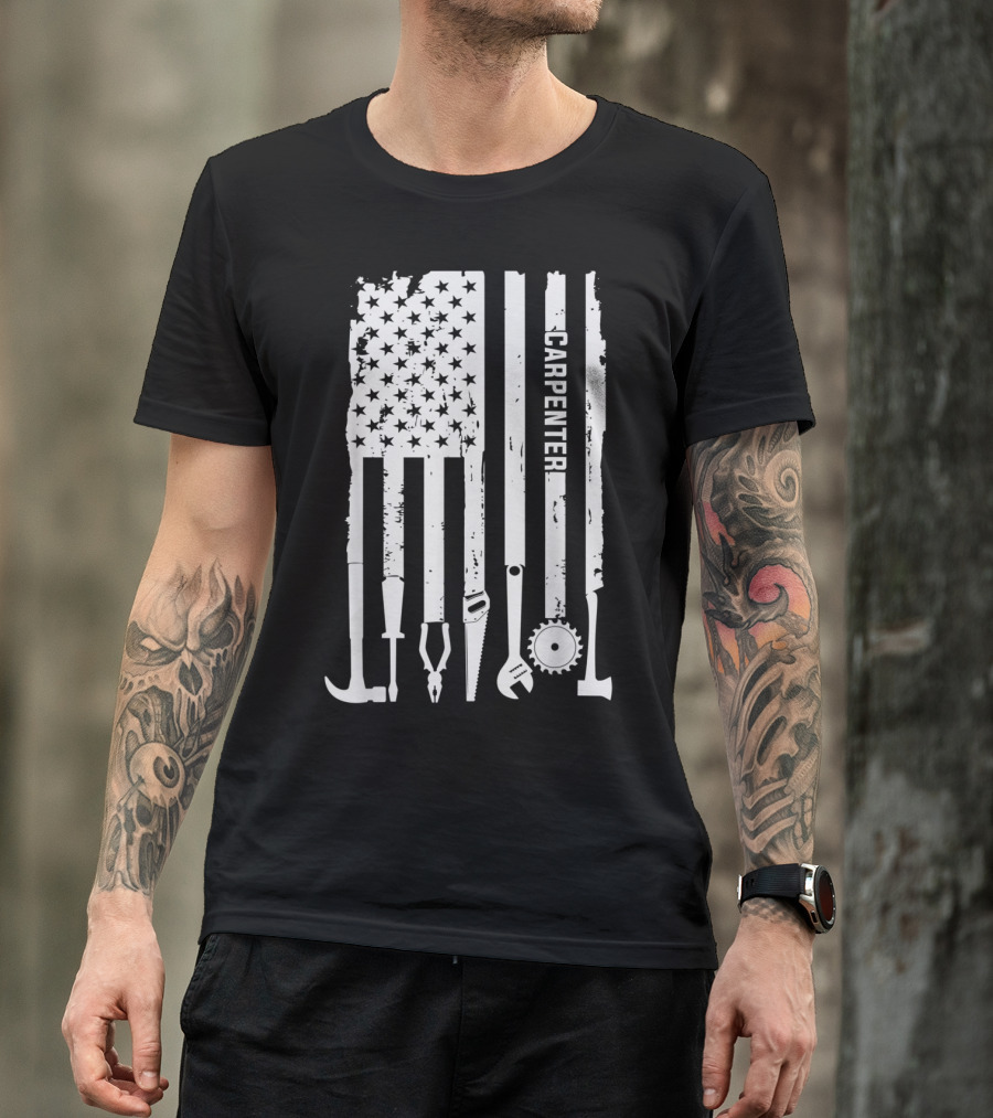 American Flag Tool Design Carpenter Woodworking 4th Of July T-Shirt