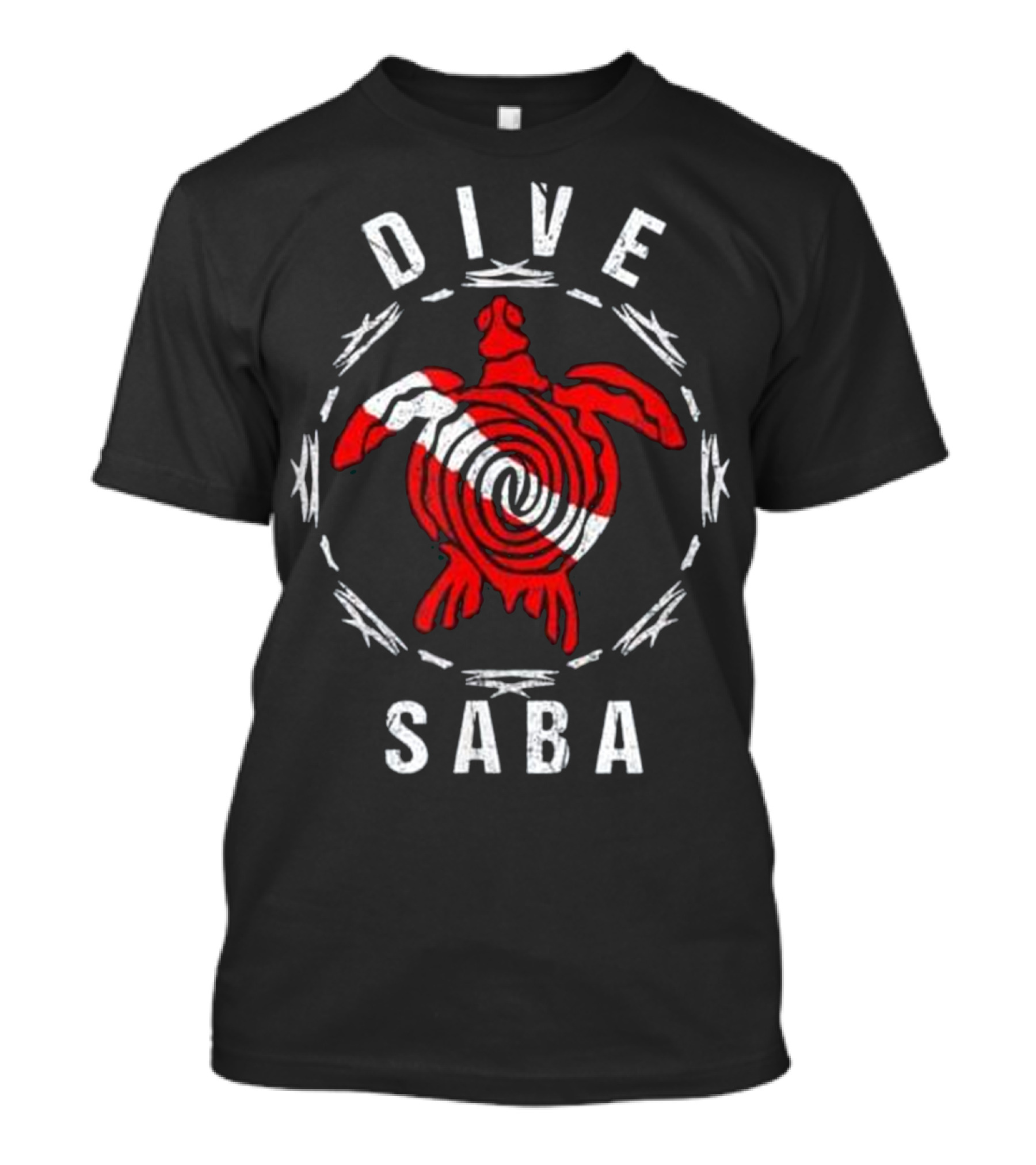 Dive Saba Red Tribal Turtle With White Diver Flag Motif T-Shirt
