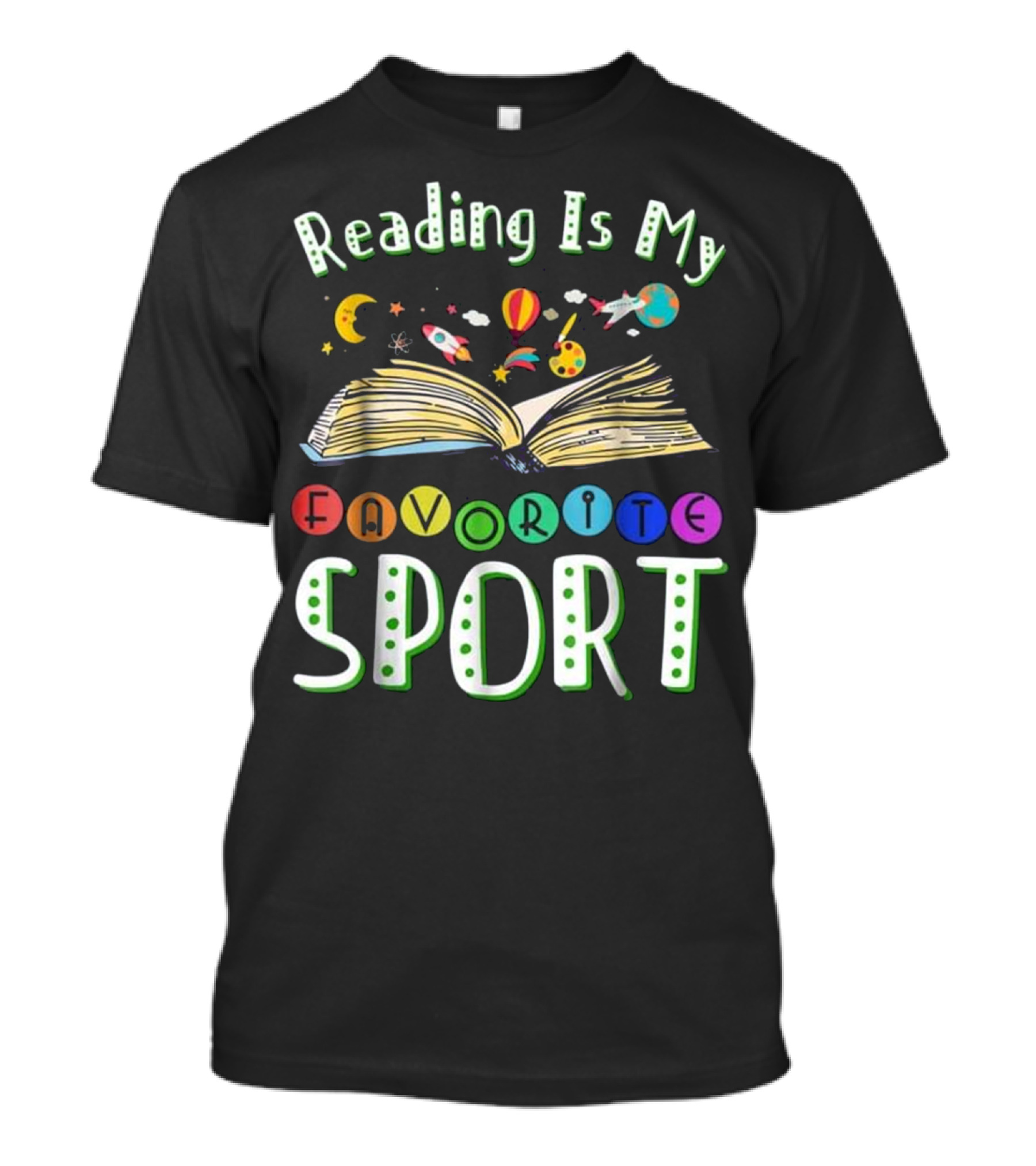 Reading Is My Favorite Sport Open Book With Planets And Stars T-Shirt