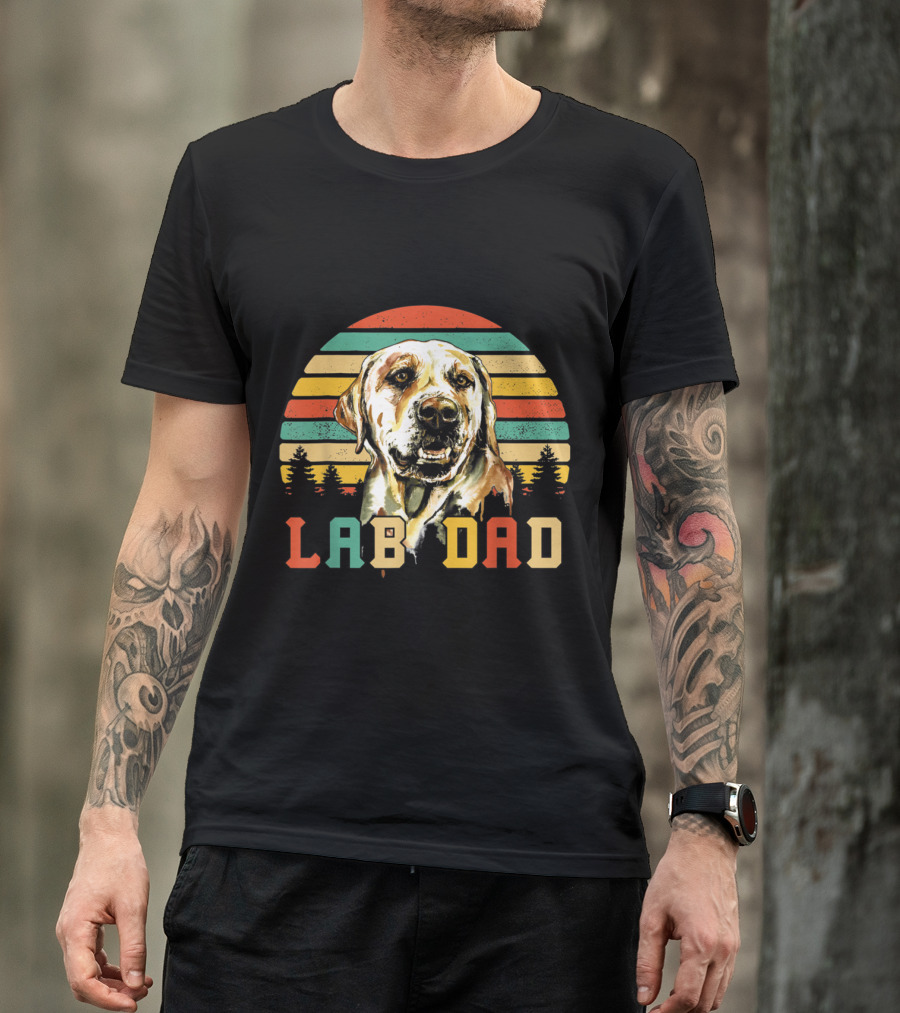 Retro Style Lab Dad Labrador Retriever With Colorful Stripes And Trees T-Shirt