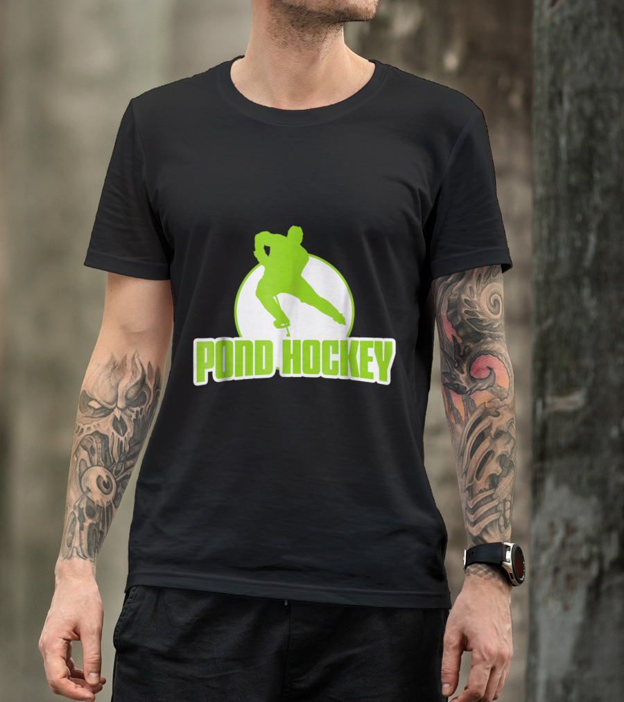 Pond Hockey Player Silhouette Green Text T-Shirt