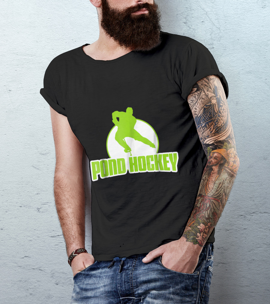 Pond Hockey Player Silhouette Green Text T-Shirt