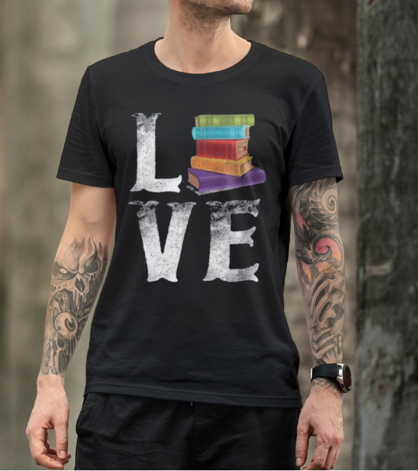 Love For Reading With A Stack Of Colorful Books Replacing The Letter O T-Shirt