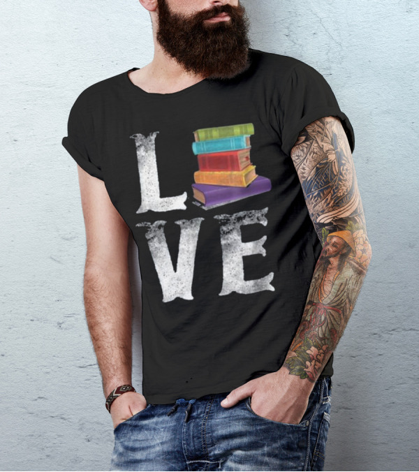 Love For Reading With A Stack Of Colorful Books Replacing The Letter O T-Shirt