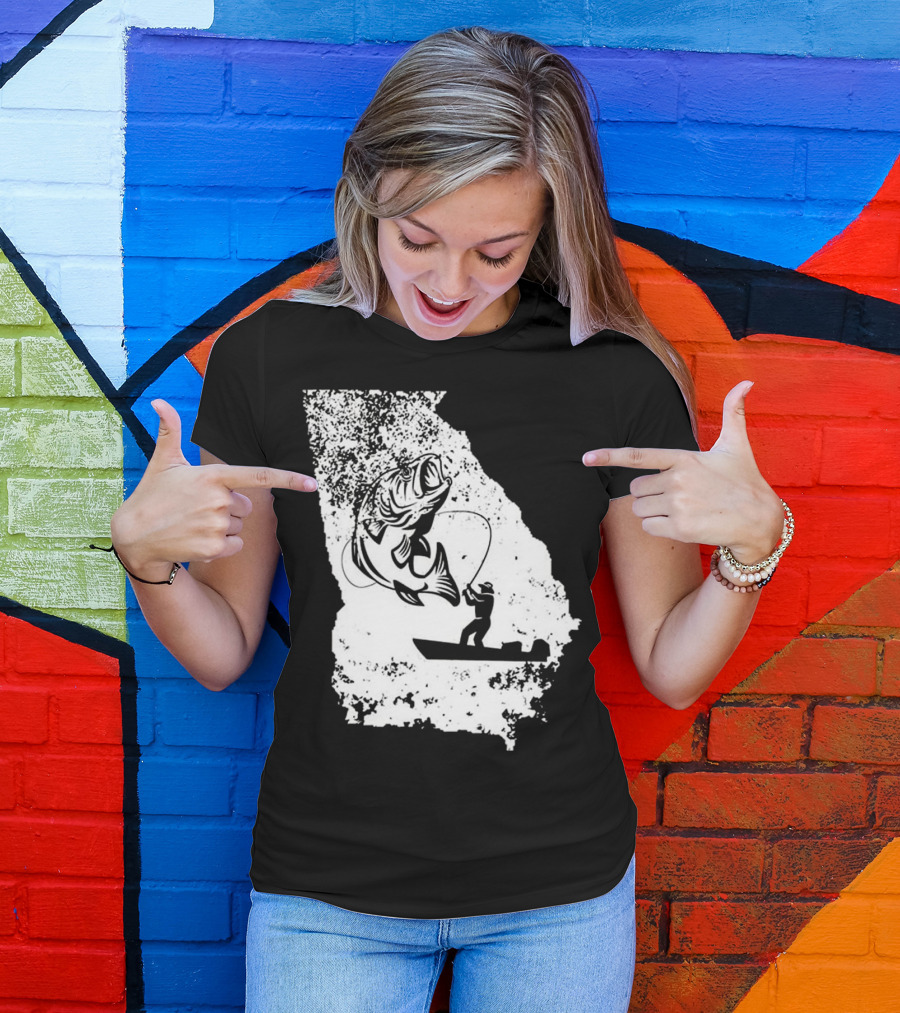 Georgia Fishing Love State Silhouette With Angler And Bass T-Shirt