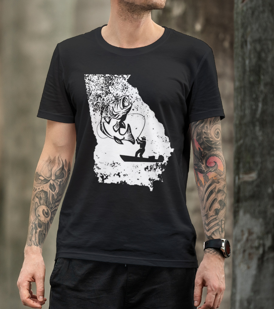 Georgia Fishing Love State Silhouette With Angler And Bass T-Shirt