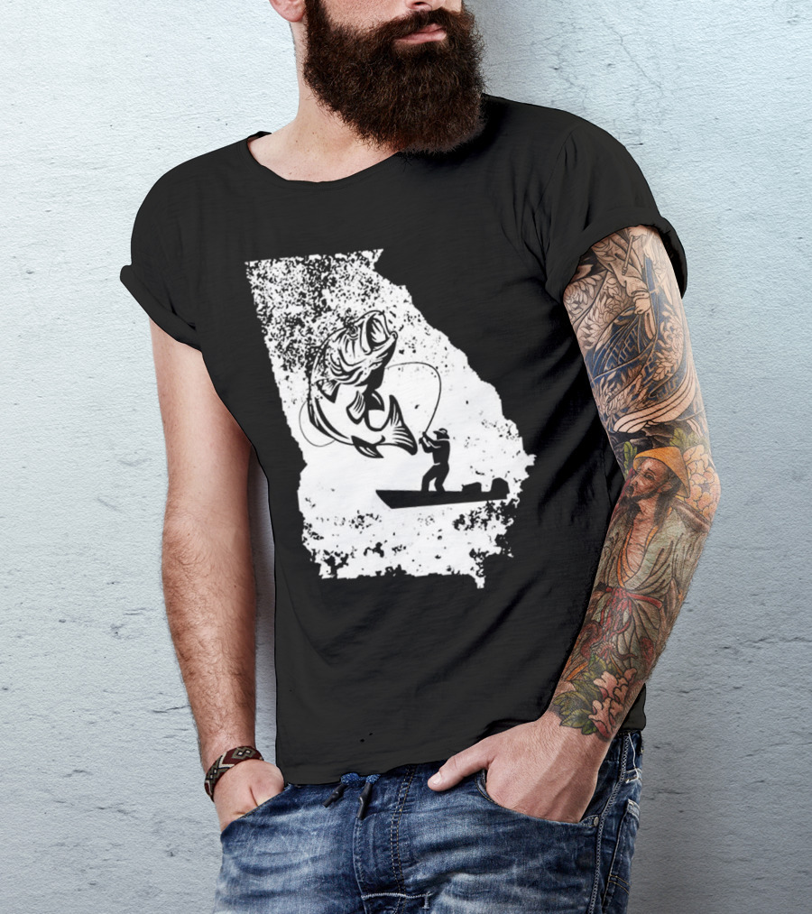Georgia Fishing Love State Silhouette With Angler And Bass T-Shirt