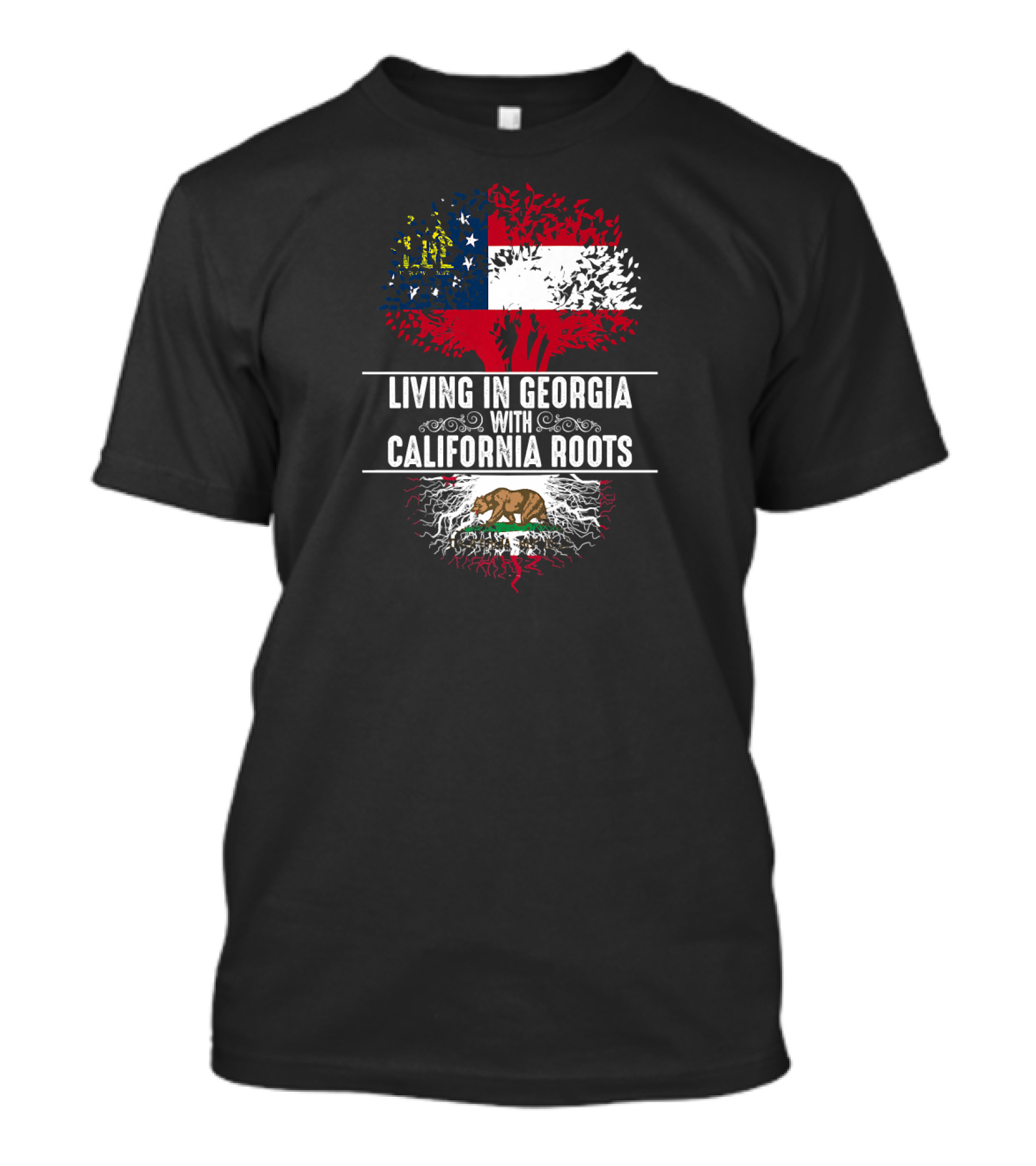 Living In Georgia With California Roots Flag And Bear Tree T-Shirt