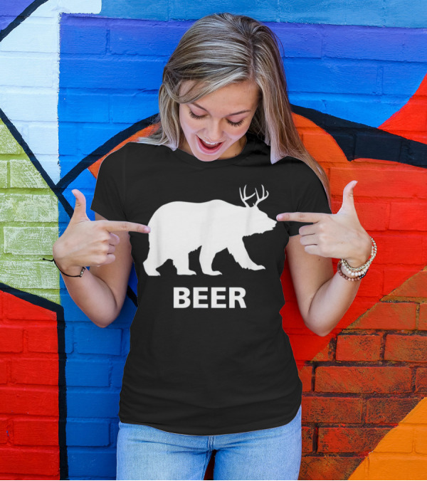 Bear Silhouette With Deer Antlers And Beer Text T-Shirt