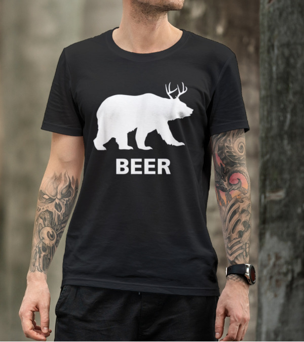 Bear Silhouette With Deer Antlers And Beer Text T-Shirt