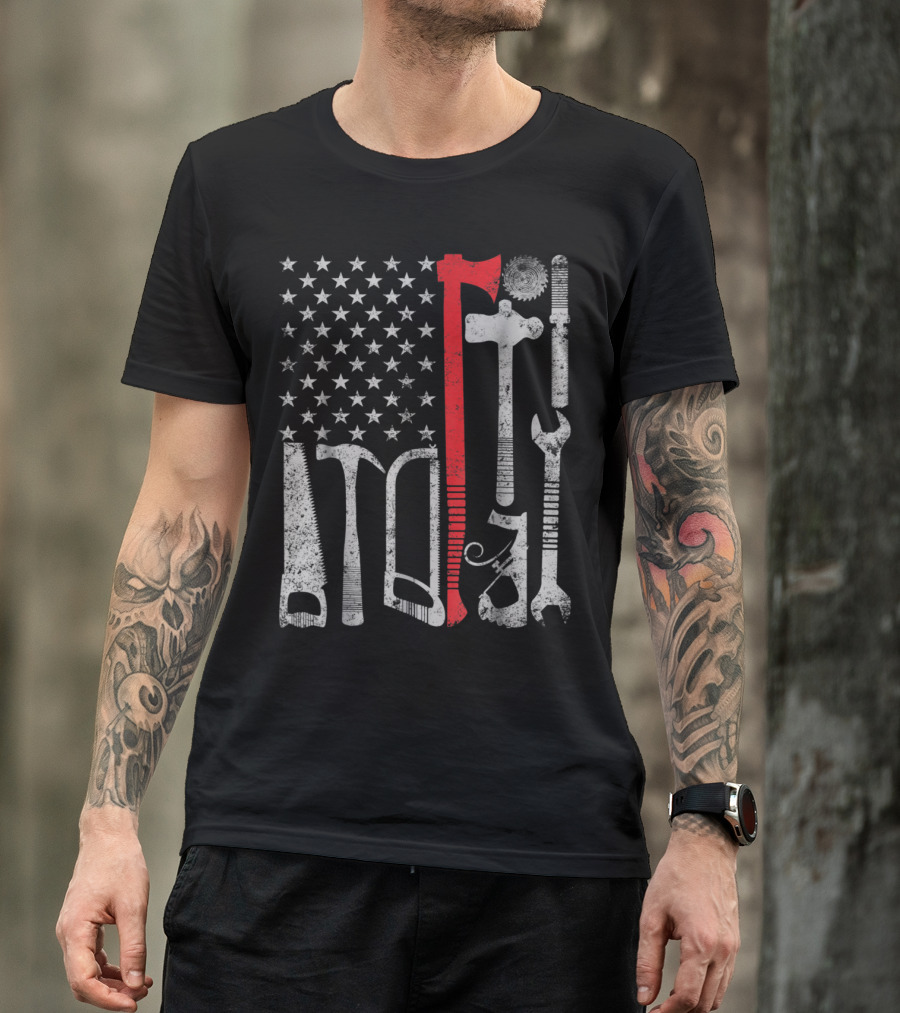Fourth Of July Vintage Woodworking Carpenter American Tool Flag T-Shirt