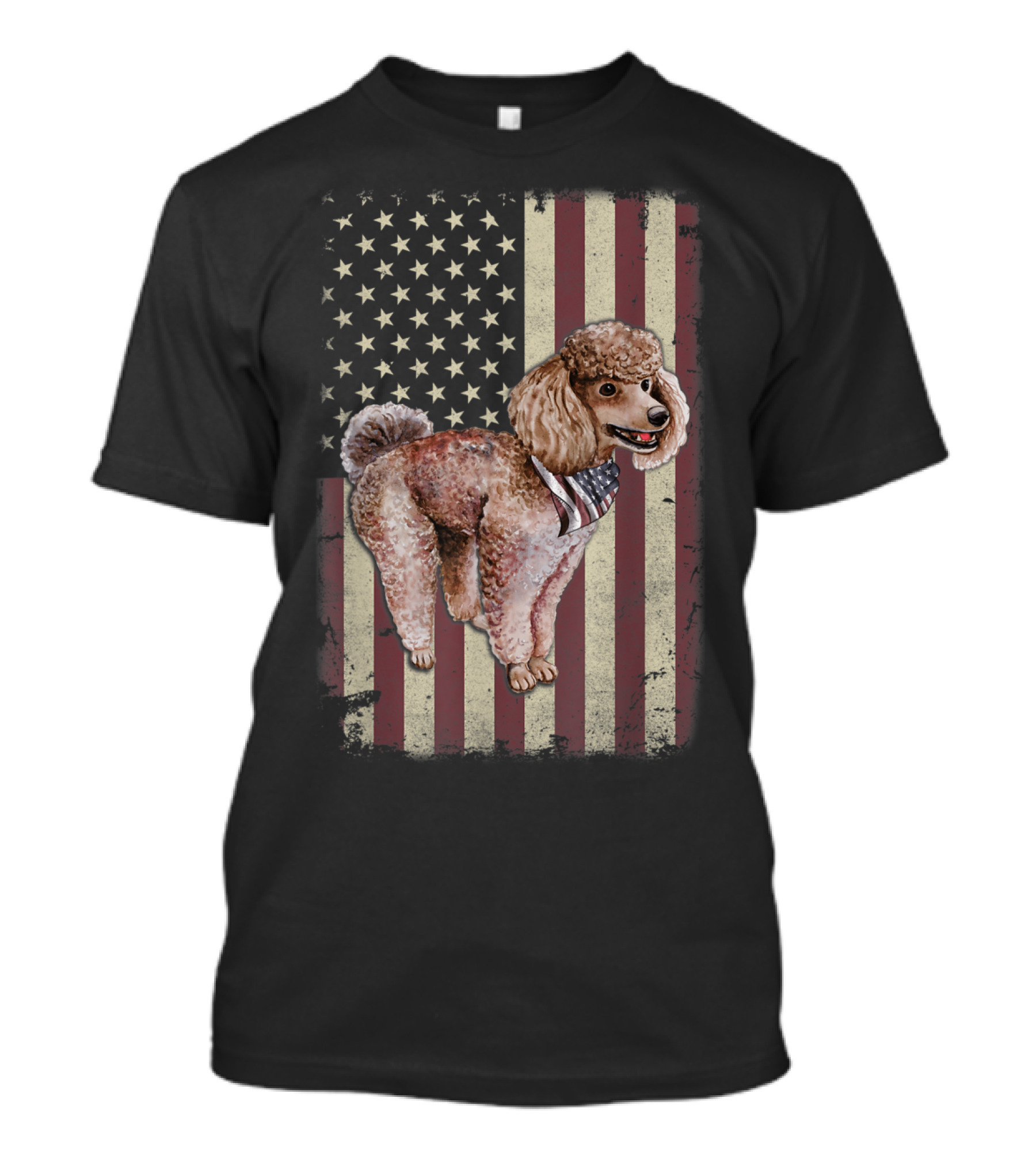 Poodle Wearing American Flag Bandana Against Patriotic Flag Background T-Shirt