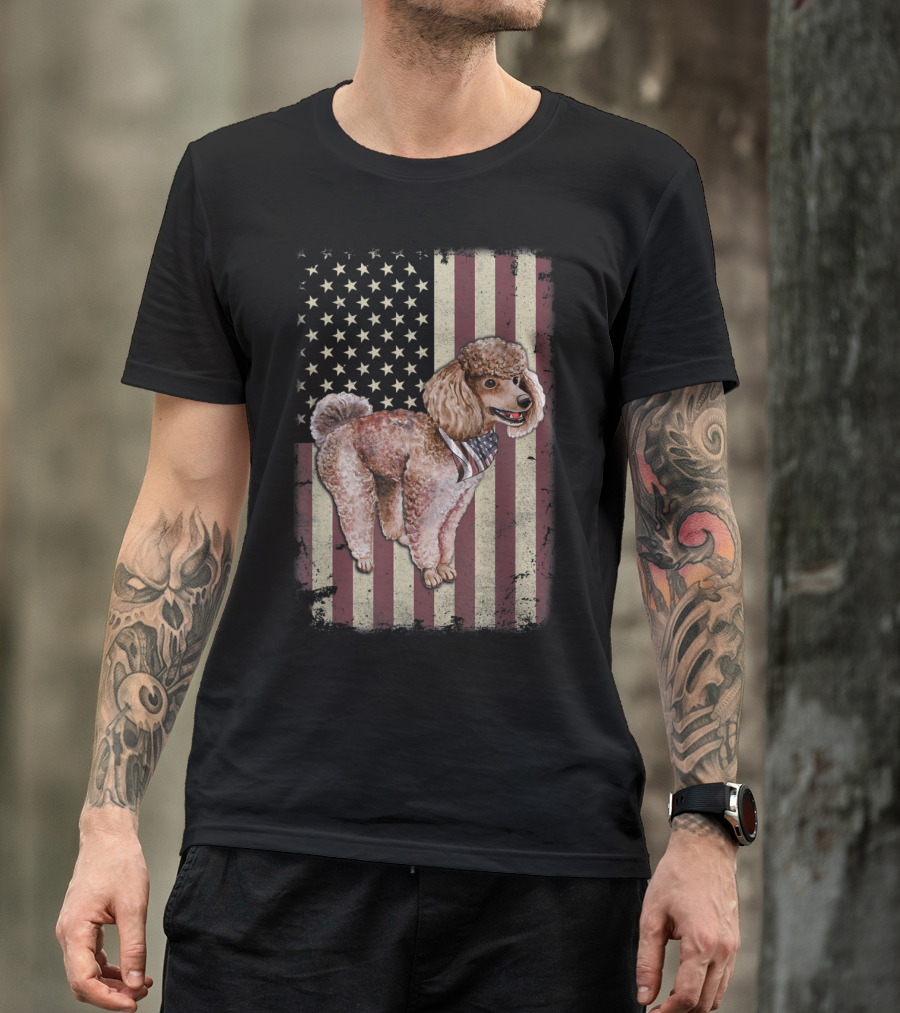 Poodle Wearing American Flag Bandana Against Patriotic Flag Background T-Shirt