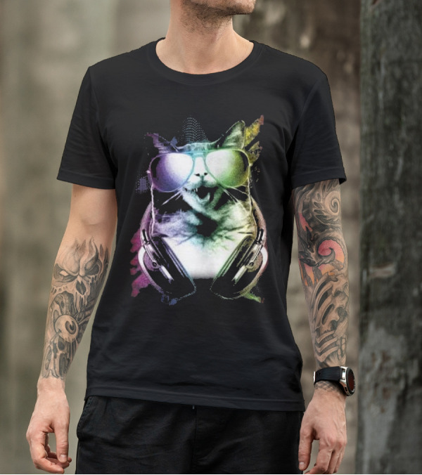DJ Music Rave Cat With Headphones And Sunglasses T-Shirt