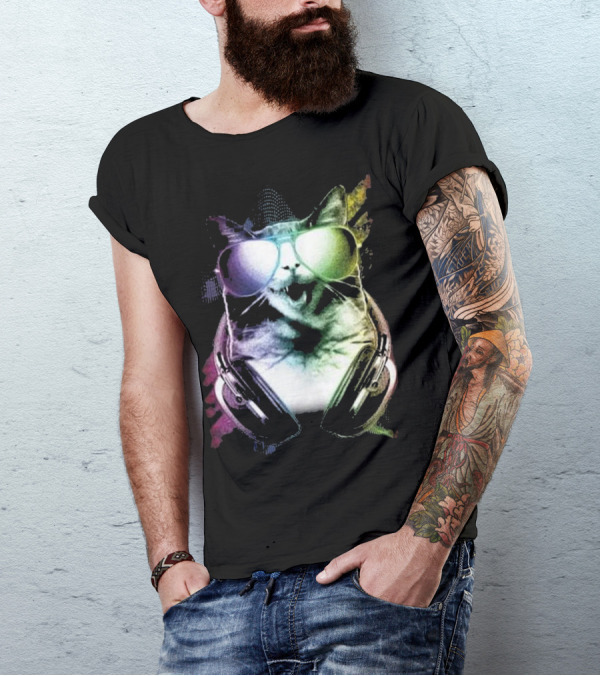DJ Music Rave Cat With Headphones And Sunglasses T-Shirt