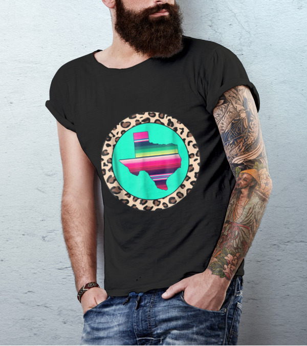 Texas State Serape Stripe Leopard Pattern Circle T-Shirt
