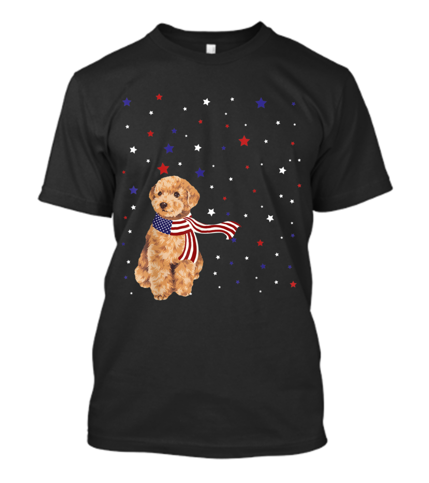 Poodle In American Flag Scarf With Patriotic Stars Background T-Shirt