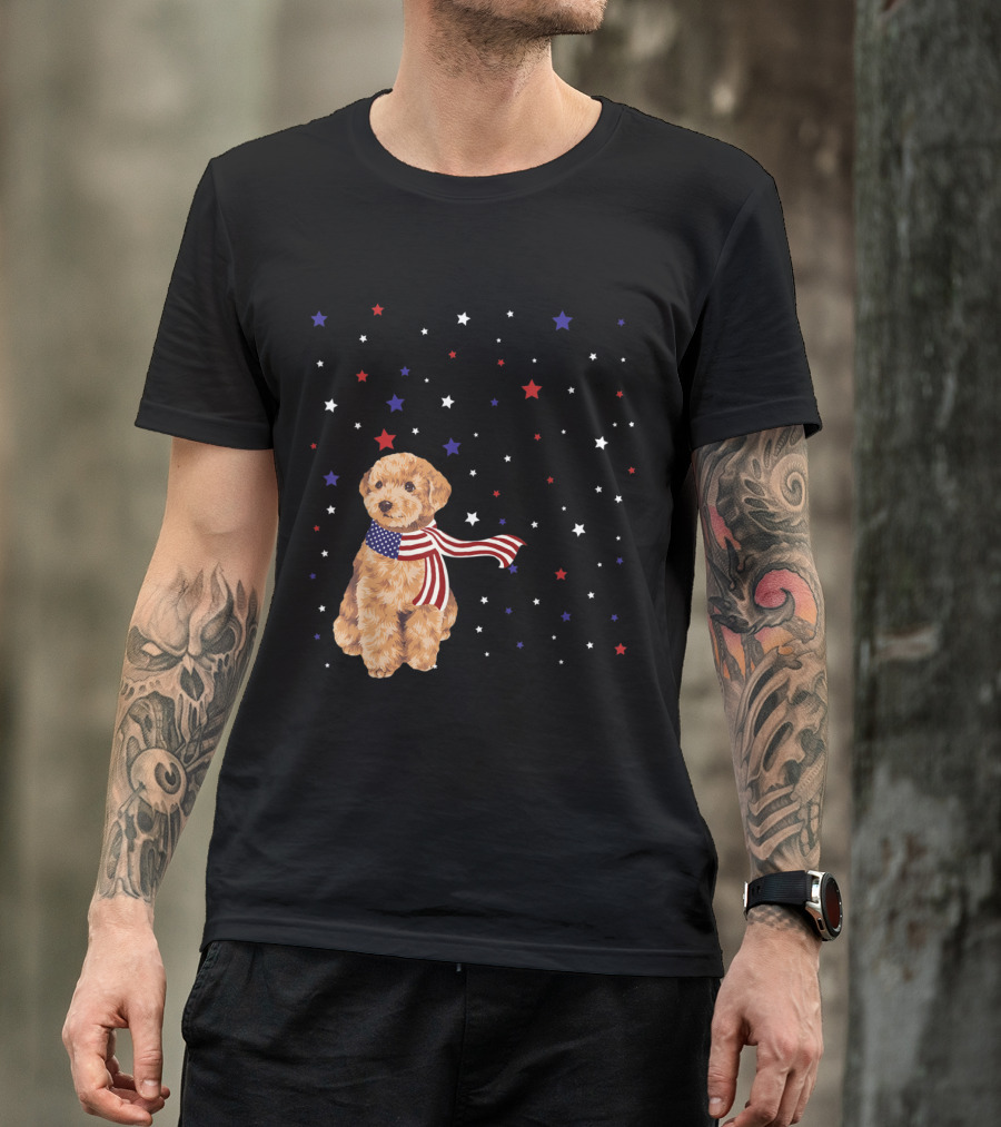 Poodle In American Flag Scarf With Patriotic Stars Background T-Shirt