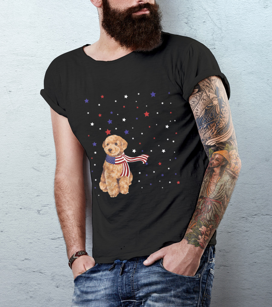 Poodle In American Flag Scarf With Patriotic Stars Background T-Shirt
