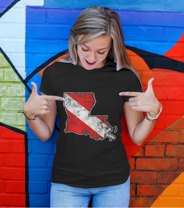 Vintage Louisiana State Shape With Scuba Dive Flag T-Shirt