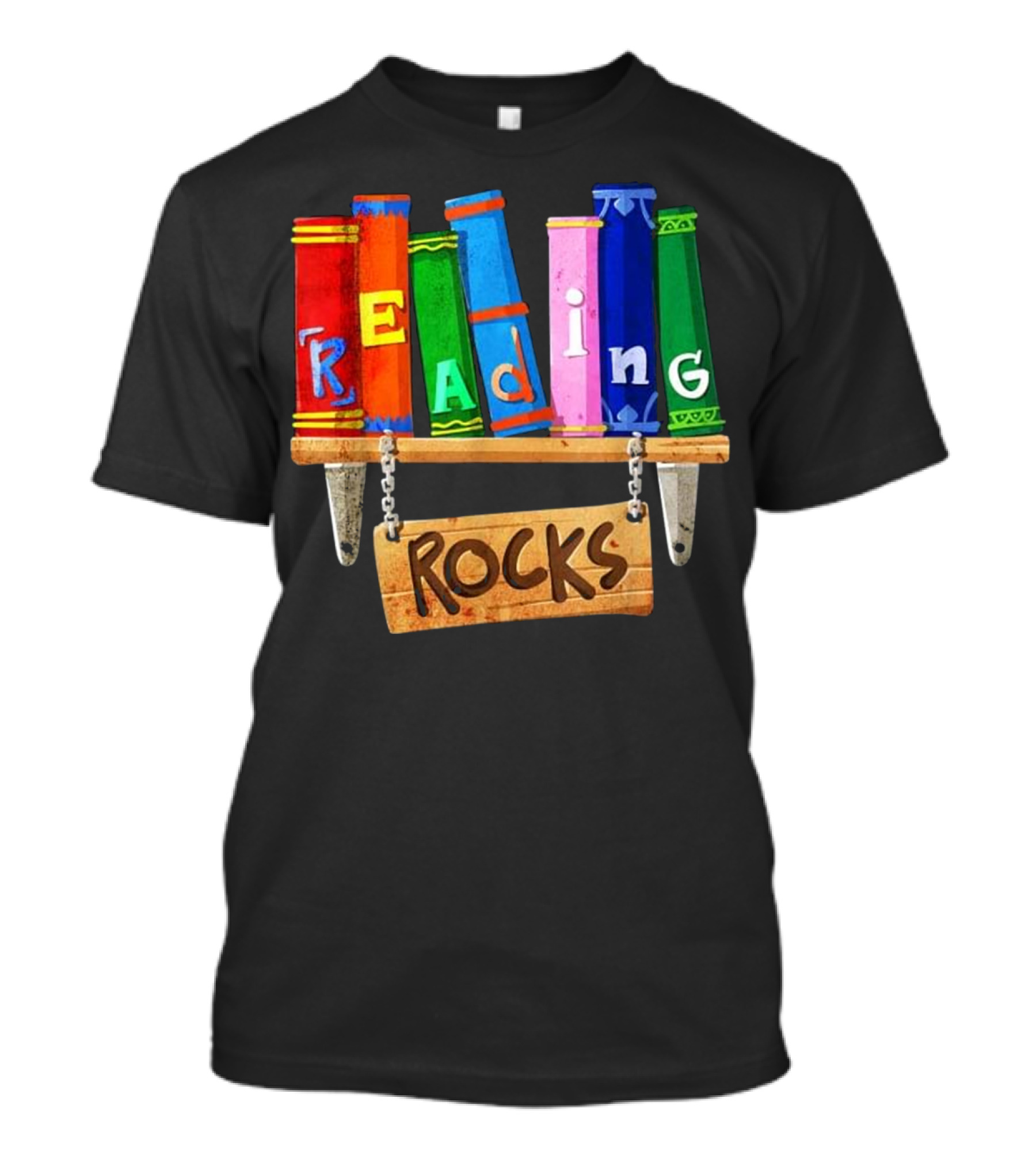 Colorful Bookshelf Typography Art With 'Reading Rocks' Message T-Shirt
