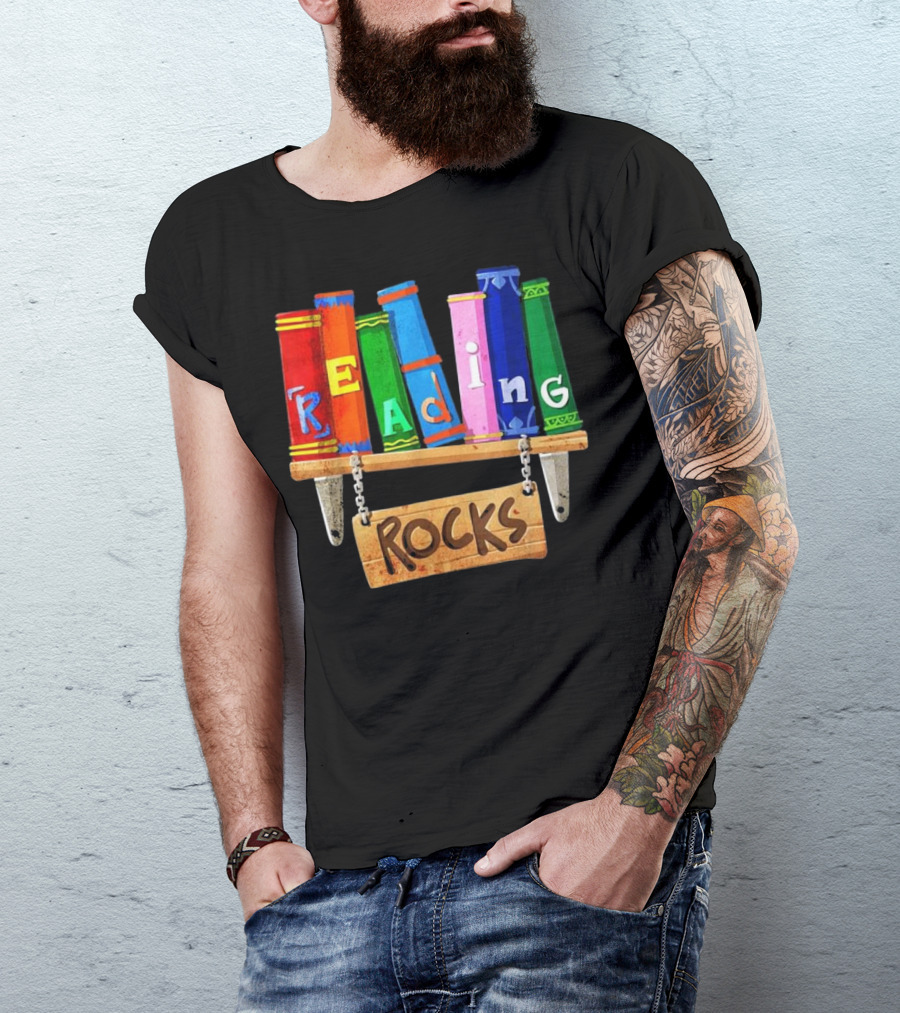 Colorful Bookshelf Typography Art With 'Reading Rocks' Message T-Shirt