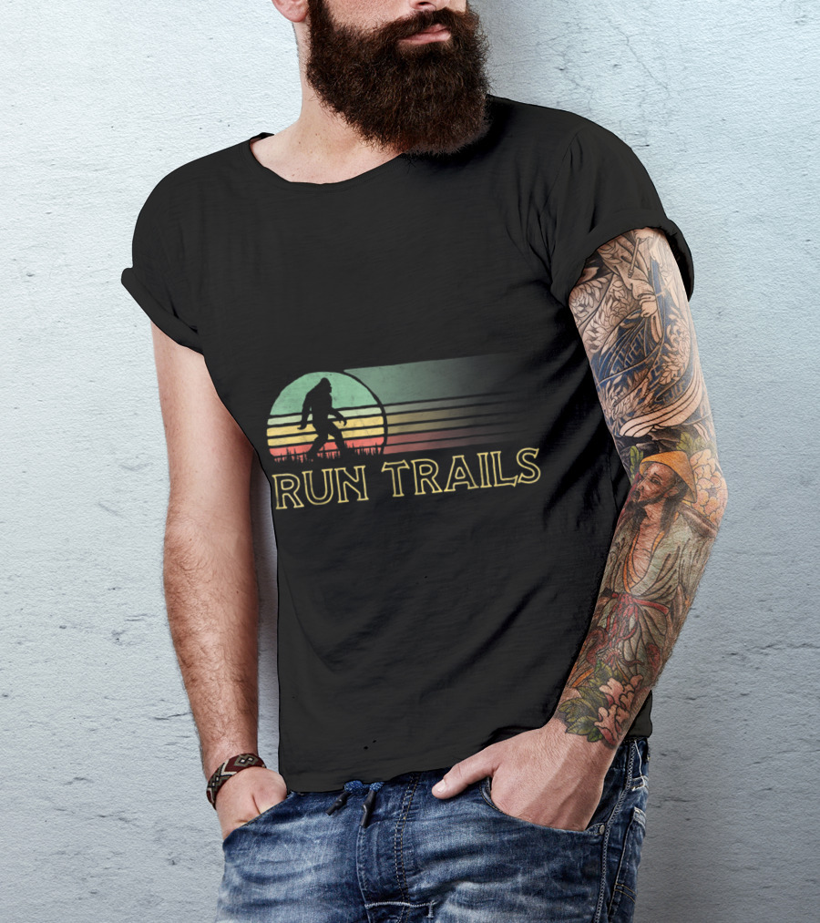 Run Trails Bigfoot Silhouette With Retro Sunset Stripes T-Shirt
