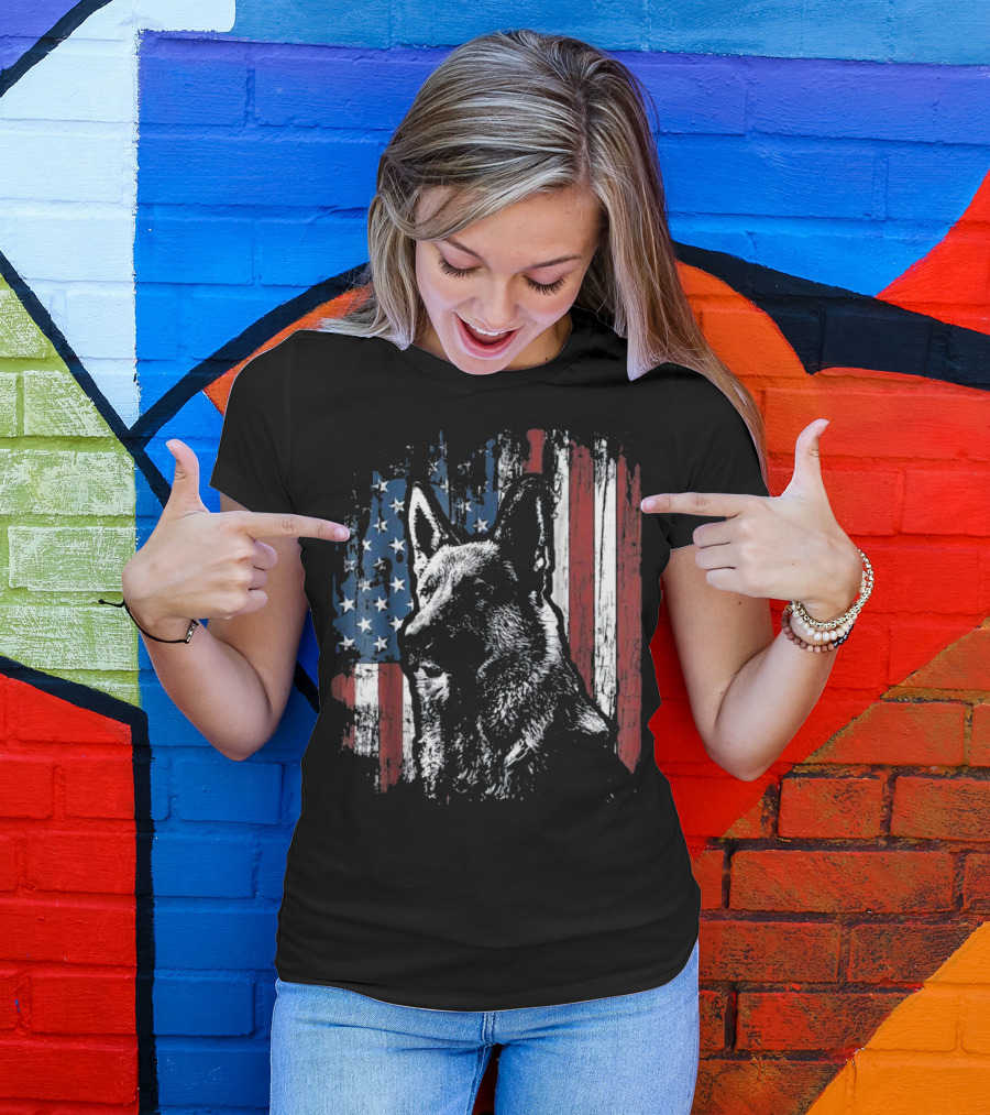 German Shepherd With American Flag Background For 4th Of July T-Shirt