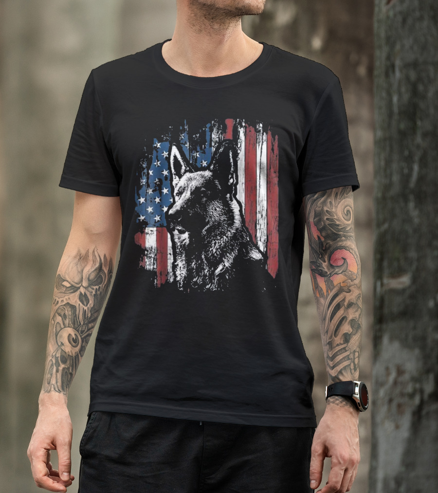 German Shepherd With American Flag Background For 4th Of July T-Shirt