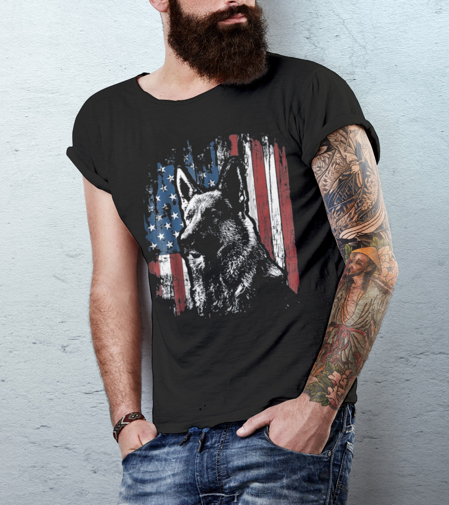 German Shepherd With American Flag Background For 4th Of July T-Shirt
