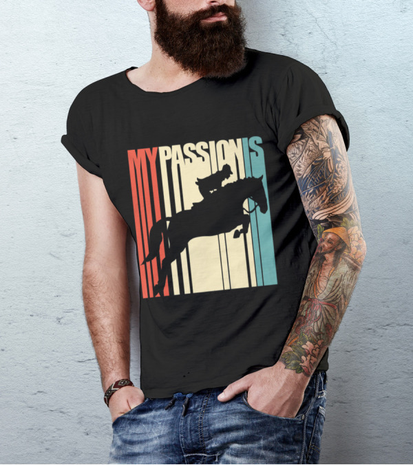 My Passion Is Horse Riding Equest Silhouette On Retro Stripes Background T-Shirt