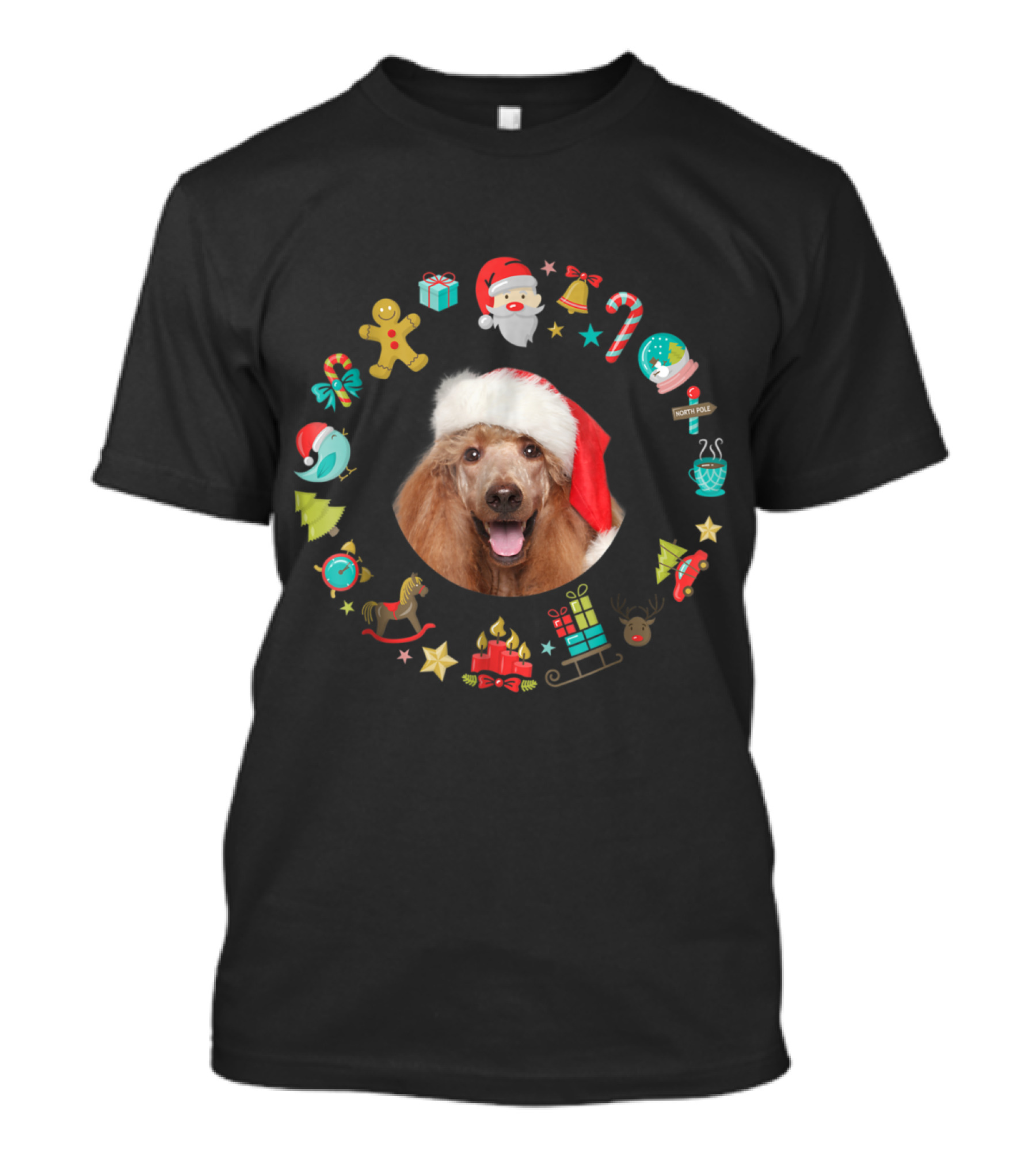 Poodle Christmas Santa Hat Surrounded By Holiday Icons For Dog Lovers T-Shirt