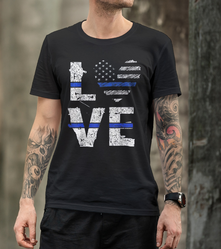 Love Thin Blue Line American Flag Heart Symbol Support T-Shirt