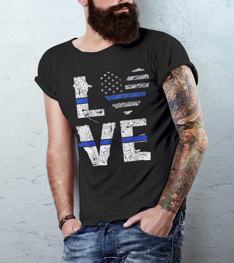 Love Thin Blue Line American Flag Heart Symbol Support T-Shirt